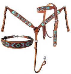 Showman Argentina Cow Leather Headstall and breast collar 3 piece set with aztec beaded inlay